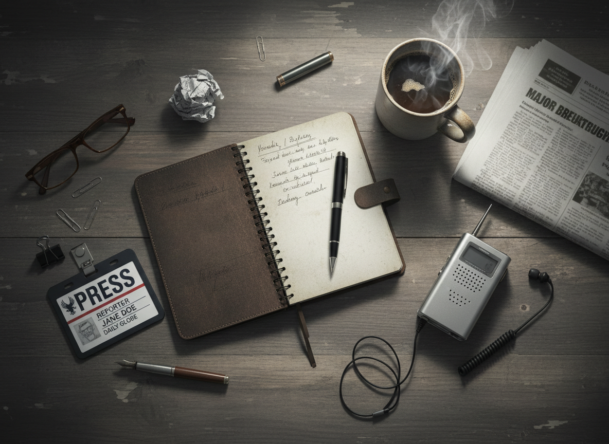 Flat lay of a notebook, audio recorder and newspaper on a desk