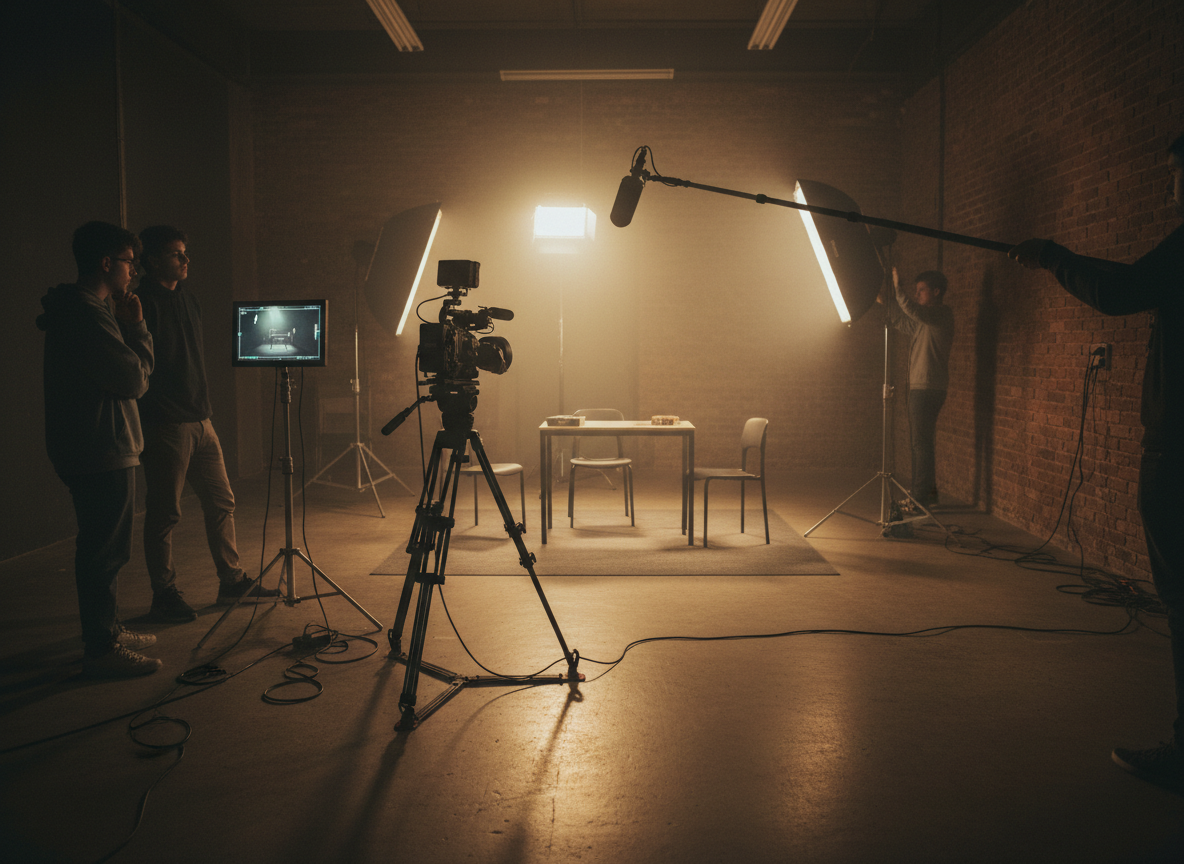 Video camera and microphone set up in a studio