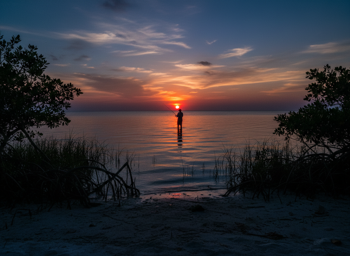 Fisherman silhouetted on a Florida shoreline at dusk