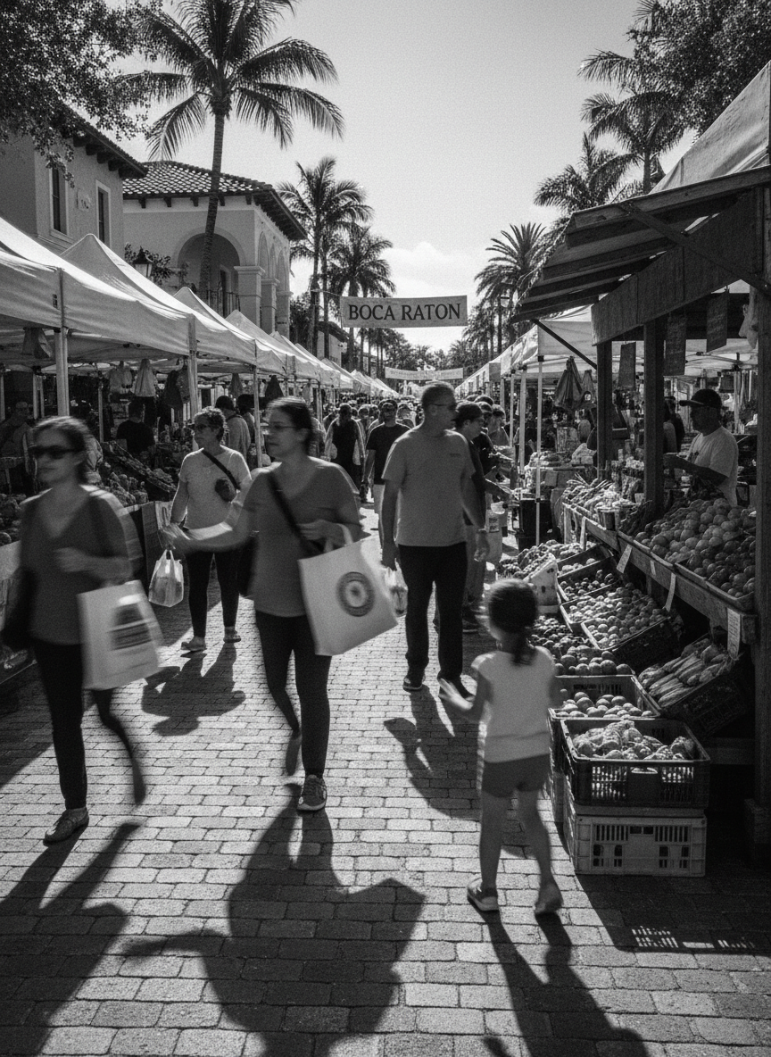 Black and white photograph of a crowded farmers market